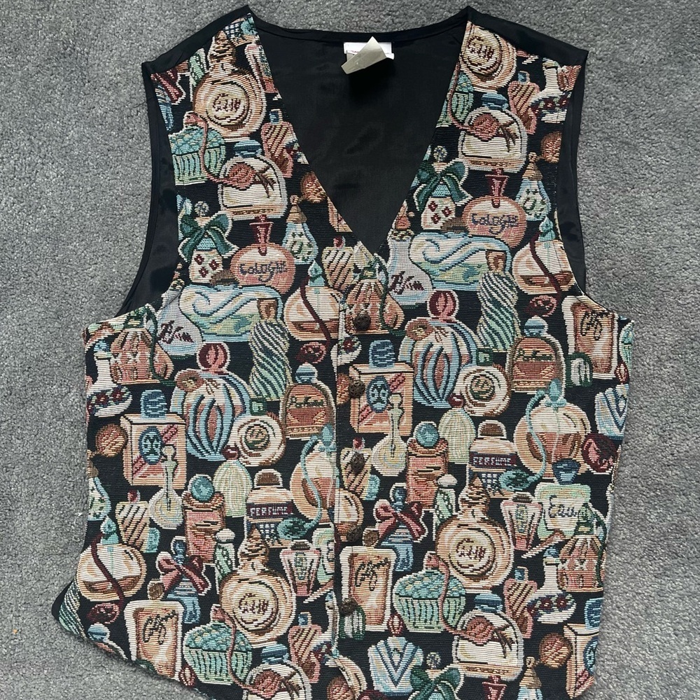 Vintage 90s Tapestry Vest with Perfume Bottle Print